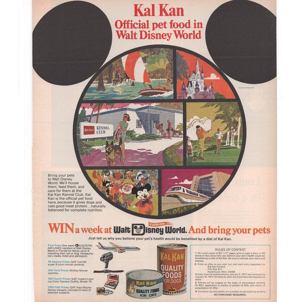 Kal Kan Pet Food Advertisement Vtg 1972 Walt Disney World Contest Mickey Mouse